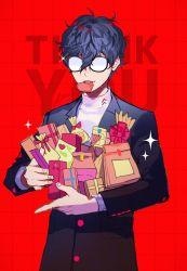 Rule 34 | 1boy, absurdres, amamiya ren, text background, black hair, black jacket, bow, box, btmr game, food, gift, gift box, glasses, hair between eyes, heart, highres, holding, jacket, male focus, mouth hold, opaque glasses, persona, persona 5, red background, school uniform, shuujin academy school uniform, signature, simple background, solo, sparkle, symbol-shaped pupils, thank you