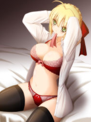 Rule 34 | 10s, 1girl, adjusting hair, ahoge, black thighhighs, blonde hair, blush, bow, bra, dress shirt, fate/extra, fate (series), green eyes, hair bow, highres, keito (keito-ya), keitoya0083, mouth hold, nero claudius (fate), nero claudius (fate) (all), nero claudius (fate/extra), on bed, open clothes, open shirt, panties, red bra, red panties, shirt, sitting, solo, thighhighs, unbuttoned, underwear