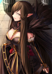 Rule 34 | 1girl, bare shoulders, black dress, black hair, breasts, cleavage, commentary request, detached sleeves, dress, fate/apocrypha, fate (series), frills, fur trim, highres, large breasts, long hair, looking at viewer, pointy ears, semiramis (fate), solo, toshi (1-147), very long hair, yellow eyes