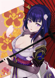 Rule 34 | 1girl, armor, braid, breasts, bridal gauntlets, cleavage, commentary request, falling petals, floral background, floral print, flower, genshin impact, hair ornament, holding, holding umbrella, japanese clothes, kimono, large breasts, long hair, looking at viewer, menchi-men, mole, mole under eye, obi, obiage, obijime, open mouth, petals, purple eyes, purple flower, purple hair, raiden shogun, ribbon, sash, shoulder armor, solo, tassel, umbrella