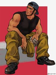 Rule 34 | 1boy, alternate costume, backwards hat, beard, black hair, buzz cut, casual, clothes around waist, covered erect nipples, dirty, dirty face, facial hair, golden kamuy, hat, jacket, jacket around waist, male focus, mature male, nopinzo, overalls, pectorals, shoes, short hair, sitting, sleeveless, sleeves rolled up, smile, solo, tanigaki genjirou, thick eyebrows, very short hair