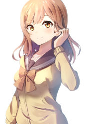 Rule 34 | 1girl, artist name, artist request, blush, bow, bowtie, breasts, brown eyes, brown hair, buttons, cardigan, collarbone, eyebrows, female focus, floating hair, grey sailor collar, hair between eyes, highres, kunikida hanamaru, light brown hair, long hair, long sleeves, looking at viewer, love live!, love live! sunshine!!, medium breasts, natsume suzuri, orange bow, parted lips, sailor collar, school uniform, skirt, sleeves past wrists, smile, solo, sweater, upper body, uranohoshi school uniform, vest, wavy hair, white background, yellow cardigan, yellow eyes, yellow sweater