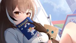 Rule 34 | 1girl, book, brown eyes, brown hair, cleavage cutout, clothing cutout, cover, cover page, door, doorknob, doorway, friend (nanashi mumei), gloves, hair ornament, heart, highres, hololive, hololive english, house, long hair, looking at viewer, multicolored hair, nanashi mumei, partially fingerless gloves, pillow (blackpirou), rainbow, shirt, sky, solo, streaked hair, unicorn, virtual youtuber, white shirt