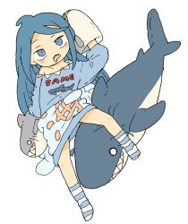 Rule 34 | 1girl, blue eyes, blue hair, blue shirt, collarbone, drooling, fukada ichika, full body, hand puppet, hand up, long hair, long sleeves, looking at viewer, mouth drool, no shoes, off shoulder, open mouth, original, puppet, sharp teeth, shirt, simple background, socks, solo, striped clothes, striped socks, stuffed animal, stuffed shark, stuffed toy, teeth, very long hair, white background, yukimoto shuuji (gurigura)