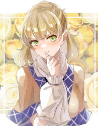 Rule 34 | 1girl, aridamikannn, arm warmers, biting, biting own thumb, blonde hair, blush, breasts, brown shirt, clenched teeth, commentary, floral background, flower, green eyes, highres, looking at viewer, medium bangs, medium breasts, mizuhashi parsee, pointy ears, rose, scarf, shirt, short hair, short ponytail, short sleeves, solo, teeth, biting own thumb, touhou, upper body, white scarf, yellow flower, yellow rose