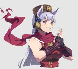 Rule 34 | 1girl, animal ears, black gloves, blunt bangs, brown headwear, dress, ear covers, elbow gloves, fingerless gloves, gloves, gold ship (umamusume), grey hair, grin, highres, horse ears, horse girl, long hair, looking at viewer, own hands together, pillbox hat, purple eyes, red dress, red scarf, scarf, simple background, sleeveless, sleeveless dress, smile, solo, teeth, umamusume, upper body, zzzearly