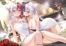 Rule 34 | 2girls, :3, absurdres, anniversary, azur lane, bath, bathing, blue eyes, blush, bottle, breasts, chao ho (azur lane), cleavage, closed mouth, cone hair bun, covering privates, double bun, flower, hair between eyes, hair bun, hair intakes, highres, large breasts, long hair, looking at viewer, manjuu (azur lane), multiple girls, naked towel, official art, partially submerged, petals, purple eyes, purple hair, red flower, red hair, red rose, rose, satoupote, second-party source, steam, towel, vase, wet, white hair, ying swei (azur lane)
