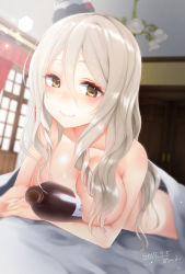 Rule 34 | 10s, 1girl, 2017, alcohol, bed, bed sheet, beer, between breasts, blurry, blush, breasts, brown eyes, completely nude, dated, depth of field, dutch angle, grey hair, hair between eyes, highres, indoors, kantai collection, large breasts, light particles, lying, nipples, nude, on stomach, pola (kancolle), sakiryo kanna, smile, solo, under covers, upper body, wavy hair, window