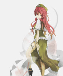Rule 34 | 1girl, alternate eye color, anklet, bad id, bad pixiv id, bare legs, blush, bracelet, braid, china dress, chinese clothes, dress, earrings, female focus, glaring, hat, high heels, highres, hong meiling, jewelry, long hair, looking back, ogipote, red eyes, red hair, shoes, side slit, simple background, solo, star (symbol), touhou, twin braids