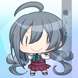 Rule 34 | 1girl, ahoge, artist name, blue background, bow, bowtie, character name, chibi, commentary request, dress, full body, gradient background, grey eyes, grey hair, grey pantyhose, hair between eyes, halterneck, highres, inaba shiki, kantai collection, kiyoshimo (kancolle), long hair, low twintails, pantyhose, pleated dress, purple dress, shirt, solo, standing, twintails, very long hair, white shirt, | |