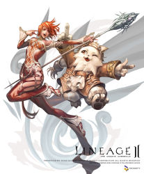 Rule 34 | 1girl, breasts, cat, cleavage, creature, flat chest, full body, human (lineage 2), jj (yadz01), jumping, lance, lineage, lineage 2, midriff, navel, pointing, polearm, red hair, simple background, staff, stomach, text focus, weapon, white background