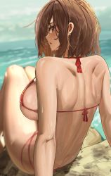 Rule 34 | 1girl, absurdres, back, back focus, bad id, bad pixiv id, bannou ippoutsukou, bikini, black eyes, blush, breasts, butt crack, earrings, from behind, highres, jewelry, large breasts, looking at viewer, looking back, medium hair, original, outdoors, parted lips, red bikini, sideboob, sitting, solo, swimsuit, thighs, underboob, water, wet