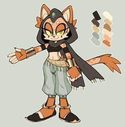 Rule 34 | 1girl, animal ears, animal nose, anklet, aqua pants, bad id, bad twitter id, bangle, black footwear, black scarf, bracelet, bracer, cat ears, cat girl, cat tail, clenched hand, closed mouth, color guide, colored sclera, commentary, english commentary, flats, full body, furry, furry female, green eyes, highres, jewelry, kaijumilk (milkchaotea), linea alba, long hair, looking away, looking to the side, midriff, narrow waist, navel, original, outline, outstretched arm, pants, puffy pants, sarashi, scarf, short eyebrows, short hair, sideways glance, simple background, slit pupils, smile, solo, standing, striped clothes, striped pants, tail, thick eyebrows, yellow sclera
