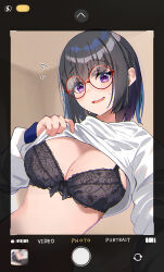 Rule 34 | 1girl, :d, absurdres, black bra, black hair, blunt bangs, blush, bra, breasts, cleavage, clothes lift, glasses, haru yu, highres, large breasts, lifting own clothes, long hair, long sleeves, looking at viewer, mole, mole on breast, open mouth, original, purple eyes, red-framed eyewear, round eyewear, selfie, shirt, shirt lift, smile, solo, underwear, upper body, white shirt