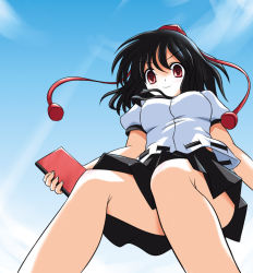 Rule 34 | &gt;:), 1girl, bare legs, black hair, blue sky, book, day, eyebrows, female focus, flying, from below, hat, holding, holding book, looking at viewer, looking down, nisu, non-web source, red eyes, shameimaru aya, short hair, skirt, sky, solo, tassel, thighs, touhou, v-shaped eyebrows