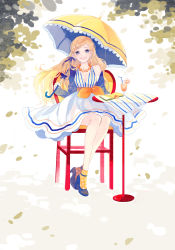 Rule 34 | 1girl, absurdres, blonde hair, blue eyes, book, bow, dress, drink, hair bow, highres, long hair, mig (36th underground), open mouth, orangina, original, sitting, smile, solo, umbrella