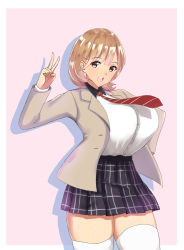 Rule 34 | 10s, 1girl, black eyes, blonde hair, breasts, female focus, gloves, highres, huge breasts, jacket, looking at viewer, miniskirt, narusawa ryouka, necktie, occultic;nine, open mouth, rafu (motrer1), shirt, short hair, simple background, skirt, solo, standing, thighhighs, thighs, v, white gloves, white shirt, white thighhighs