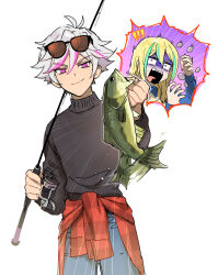 Rule 34 | !, !!, 2boys, animal, black sweater, blonde hair, blue pants, closed mouth, clothes around waist, commentary request, constricted pupils, cowboy shot, emphasis lines, eyewear on head, fish, fishing rod, green hair, hair between eyes, hands up, holding, holding animal, holding fish, holding fishing rod, idol land pripara, inset, jacket, jacket around waist, long hair, long sleeves, looking at viewer, male focus, multicolored hair, multiple boys, o4ritarou, ooedo shinya, pants, pink eyes, pink hair, pretty series, pripara, screaming, short hair, simple background, standing, streaked hair, sunglasses, surprised, sweater, ushimitsu (pripara), white background, white hair, wide-eyed