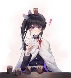 Rule 34 | !, 1girl, :o, asagi jin, black hair, blush, butterfly hair ornament, commentary, cup, hair ornament, highres, kimetsu no yaiba, long hair, long sleeves, looking at viewer, on head, purple eyes, red ribbon, ribbon, side ponytail, simple background, solo, tsuyuri kanao, white background