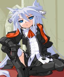 Rule 34 | bad id, bad pixiv id, long hair, lowres, mof, mof&#039;s silver haired twintailed girl, oekaki, original, silver hair, sitting, solo, thighhighs, twintails, very long hair