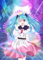 Rule 34 | 1girl, :d, absurdres, aqua eyes, aqua hair, bad id, bad pixiv id, bare arms, bare shoulders, blush, commentary, dress, hair ribbon, hatsune miku, highres, kazanock, long hair, looking at viewer, melt (vocaloid), one eye closed, open mouth, pink dress, pink neckwear, ribbon, smile, solo, teeth, twintails, two-tone dress, upper teeth only, very long hair, vocaloid, white dress, yellow ribbon