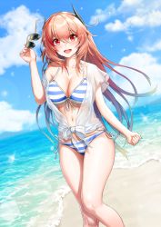 Rule 34 | 1girl, :d, absurdres, beach, bikini, blue bikini, blush, breasts, cleavage, collarbone, day, girls&#039; frontline, greem bang, groin, hair between eyes, headgear, highres, holding, holding removed eyewear, huge filesize, long hair, looking at viewer, m4 sopmod ii (girls&#039; frontline), medium breasts, multicolored hair, navel, open mouth, outdoors, pink hair, red eyes, red hair, see-through, shirt, side-tie bikini bottom, sidelocks, smile, solo, stomach, streaked hair, striped bikini, striped clothes, sunglasses, swimsuit, thighs, tied shirt, unworn eyewear, wet, wet clothes
