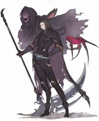 Rule 34 | 1boy, absurdres, animal ears, belt, black cape, black footwear, black hair, braid, cape, closed mouth, final fantasy, final fantasy xiv, floating hair, from side, full body, hand on own hip, highres, holding, holding scythe, long hair, looking at viewer, looking to the side, male focus, rabbit ears, reaper (final fantasy), reaper avatar (ff14), red eyes, scythe, sideways glance, simple background, standing, tladpwl03, torn cape, torn clothes, two-sided cape, two-sided fabric, viera, white background