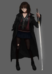 Rule 34 | 1girl, absurdres, black-framed eyewear, black coat, black neckwear, black pantyhose, blue skirt, brown hair, choker, closed mouth, coat, dadonika (tony sun), full body, glasses, grey background, highres, holding, holding sword, holding weapon, katana, lips, long hair, looking down, mole, mole above mouth, nose, o-ring, o-ring choker, original, pantyhose, pleated skirt, simple background, skirt, solo, standing, sword, tony sun, torn clothes, torn pantyhose, trench coat, weapon