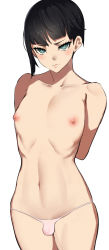 Rule 34 | 1boy, arms behind back, black hair, blush, bulge, eyelashes, green eyes, highres, looking at viewer, male focus, megami tensei, navel, nipples, nuezou, one-piece swimsuit, penis, protagonist (smtv), ribs, shin megami tensei, shin megami tensei v, short hair, simple background, solo, stomach, sweatdrop, swimsuit, third-party edit, thong, topless male, trap, white one-piece swimsuit