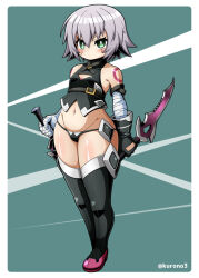 Rule 34 | 1girl, arms at sides, artist name, bandaged arm, bandages, bare shoulders, black footwear, black gloves, black panties, black shirt, boots, breasts, cleavage cutout, clothing cutout, dagger, dot mouth, dot nose, eyebrows, eyelashes, fate/apocrypha, fate/grand order, fate (series), female focus, full body, gloves, green background, green eyes, grey hair, jack the ripper (fate/apocrypha), knife, kurono emmy, looking at viewer, panties, petite, scar, scar on face, shirt, short hair, simple background, sleeveless, sleeveless shirt, small breasts, solo, standing, thigh boots, thighs, underwear, weapon