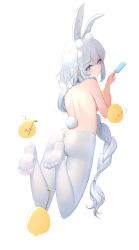 Rule 34 | + +, 1girl, animal ears, ass, azur lane, back, blue eyes, braid, breasts, butt crack, chinese commentary, commentary request, fake animal ears, feet, flower, food, from behind, full body, hair flower, hair ornament, hairband, highres, holding, holding food, le malin (azur lane), le malin (listless lapin) (azur lane), long hair, looking at viewer, looking back, lying, manjuu (azur lane), no shoes, nose bubble, official alternate costume, on stomach, pantyhose, popsicle, rabbit ears, rabbit tail, silver hair, simple background, soles, tail, takanoriha kasui, the pose, toe scrunch, toes, topless, very long hair, white background, white hairband, white pantyhose
