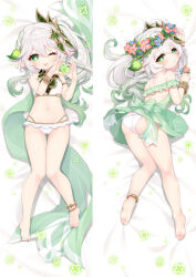 Rule 34 | 1girl, ;p, anklet, arms up, ass, bare shoulders, barefoot, bikini, blush, bracelet, braid, clothes lift, dakimakura (medium), dress, dress lift, feet, flower, full body, genshin impact, gluteal fold, gradient hair, green dress, green eyes, green hair, hair ornament, head wreath, heart, heart hands, jewelry, kneepits, leaf, legs, long hair, looking at viewer, looking back, lying, moeanime, multicolored hair, multiple views, nahida (genshin impact), navel, on back, on stomach, one eye closed, pointy ears, side ponytail, smile, soles, stomach, sundress, swimsuit, thigh gap, thighs, toes, tongue, tongue out, white bikini, white hair