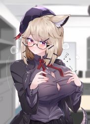 Rule 34 | 1girl, absurdres, animal ear fluff, animal ears, arknights, black jacket, black shirt, black skirt, breast expansion, breasts, commission, glasses, hair ornament, hands on own chest, hat, highres, huge breasts, jacket, kurarome, long sleeves, medium hair, neck ribbon, official alternate costume, open clothes, open jacket, pleated skirt, purple eyes, ribbon, shirt, skeb commission, skirt, solo, tail, textless version, utage (arknights), utage (disguise) (arknights)