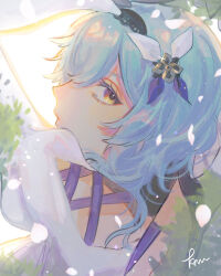 Rule 34 | 1girl, back, backlighting, black hairband, blue hair, clothing cutout, cross-laced clothes, cross-laced cutout, eula (genshin impact), falling petals, from behind, genshin impact, hair between eyes, hair ornament, hairband, hand up, highres, juliet sleeves, km rinkm, lips, long sleeves, looking back, looking to the side, medium hair, parted lips, petals, portrait, puffy sleeves, shoulder cutout, signature, solo, white sleeves, yellow background, yellow eyes