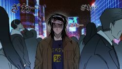 Rule 34 | 2girls, 3boys, 6+others, bandaged head, bandages, black hair, blood, blood on clothes, bloody bandages, blue shirt, brown jacket, city, closed mouth, commentary request, faceless, faceless male, facial scar, frown, itou kaiji, jacket, kaiji, korean commentary, long hair, long sleeves, looking at viewer, male focus, medium bangs, messy hair, multiple boys, multiple girls, multiple others, people, saebyeog, sanpaku, scar, scar on cheek, scar on face, shaded face, shirt, solo focus, upper body, zawa (onomatopoeia)