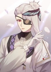 Rule 34 | 1boy, eyepatch, flower, hair flower, hair ornament, hand up, highres, hyde jayer, kagami (kgmgts), lapel pin, light rays, long hair, long sleeves, looking at viewer, male focus, puffy long sleeves, puffy sleeves, red eyes, solo, upper body, visual prison, white hair