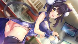 Rule 34 | 1girl, :d, akasaai, animal ear fluff, animal ears, black hair, black thighhighs, blue dress, blush, breasts, bun cover, cat ears, cat girl, cat tail, china dress, chinese clothes, cleavage, cleavage cutout, clothing cutout, double bun, dress, game cg, hair between eyes, hair bun, hair ornament, hairclip, high collar, highres, holding, holding teapot, indoors, kaede (nekomiko), large breasts, looking at viewer, nekomiko, open mouth, panties, pantyshot, pelvic curtain, pink panties, side slit, sidelocks, smile, solo, standing, tail, tail raised, teapot, teeth, thighhighs, thighs, underwear, upper teeth only, upskirt, wrist cuffs, yellow eyes