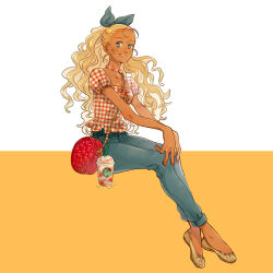 Rule 34 | 1girl, bag, bare arms, blonde hair, blue bow, blue eyes, blue pants, bow, breasts, brown footwear, chain, closed mouth, crossed ankles, cup, dark-skinned female, dark skin, disposable cup, drink, drinking straw, flower, flower necklace, flower ring, flower wreath, frilled shirt collar, frills, fukujumaru, full body, hair bow, hair pulled back, highres, invisible chair, jewelry, long hair, looking at viewer, necklace, original, outstretched arms, pants, plaid, plaid shirt, plantar flexion, ponytail, puffy short sleeves, puffy sleeves, ring, shirt, shoes, short sleeves, sitting, smile, solo, starbucks, sweat, two-tone background, water, wavy hair, white background, yellow background