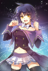 Rule 34 | ahoge, black thighhighs, choker, clenched hands, collarbone, lowres, midriff, musical note, navel, open mouth, pei (sword girls), pleated skirt, purple hair, ribbon, short hair, skirt, solo, sparkle, staff (music), sword girls, thighhighs, yellow eyes