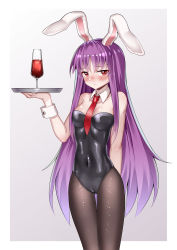 Rule 34 | 1girl, absurdres, ailu elf, animal ears, black leotard, breasts, cameltoe, cleavage, collarbone, cowboy shot, cup, detached collar, gradient background, highres, leotard, long hair, looking at viewer, medium breasts, moon rabbit, pantyhose, playboy bunny, purple hair, rabbit ears, rabbit tail, red eyes, red neckwear, reisen udongein inaba, strapless, strapless leotard, tail, touhou, tray, very long hair, wrist cuffs