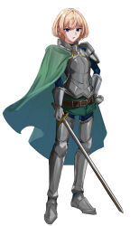 Rule 34 | 1girl, arm at side, armor, armored boots, armored gloves, belt, blonde hair, blue bodysuit, bodysuit, boots, brown belt, cape, frown, full body, gloves, green cape, green skirt, hand on own hip, highres, holding, holding sword, holding weapon, knight, looking at viewer, original, parted lips, purple eyes, short hair, shoulder armor, shozakana, simple background, skirt, solo, standing, sword, tachi-e, weapon, white background