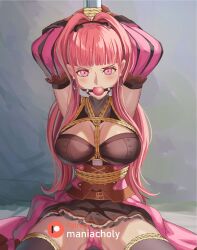 Rule 34 | 1girl, armpits, arms up, ball gag, bare shoulders, bdsm, black skirt, black thighhighs, blunt bangs, bondage, bound, breasts, callu jy, commentary request, corset, detached sleeves, fire emblem, fire emblem: three houses, gag, gagged, hair intakes, highres, hilda valentine goneril, large breasts, long hair, looking at viewer, miniskirt, nintendo, panties, pink eyes, pink hair, pink panties, rope, shibari, sitting, skirt, solo, thighhighs, underwear, very long hair