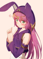 Rule 34 | 1girl, :t, anger vein, animal ears, animal hood, blush, brown background, closed mouth, detached sleeves, fingernails, fingers together, green eyes, hair between eyes, hands up, highres, hood, index fingers together, ji dao ji, long hair, long sleeves, looking at viewer, original, pout, purple hair, purple shirt, rabbit ears, rabbit hood, shirt, simple background, skirt, sleeveless, sleeveless shirt, solo, very long hair, white skirt