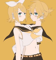 Rule 34 | 1boy, 1girl, bare shoulders, belt, black collar, black shorts, blonde hair, blue eyes, bow, collar, commentary, crop top, facial tattoo, hair bow, hair ornament, hairclip, headphones, highres, kagamine len, kagamine rin, leaning back, looking at viewer, midriff, navel, neckerchief, number tattoo, paripariparingo, sailor collar, school uniform, shirt, short hair, short ponytail, short sleeves, shorts, siblings, side-by-side, sideways glance, sleeveless, sleeveless shirt, spiked hair, swept bangs, symmetry, tattoo, treble clef, twins, upper body, vocaloid, white bow, white shirt, yellow background, yellow neckerchief