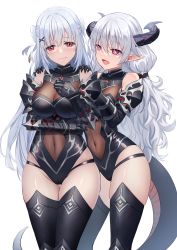 Rule 34 | + +, 2girls, :d, armor, bare shoulders, black armor, black legwear, black leotard, bodystocking, bow, breasts, closed mouth, commentary request, commission, covered navel, curled horns, detached sleeves, dragon girl, dragon horns, embarrassed, gauntlets, grey hair, hair between eyes, hair bow, hair ornament, hair tubes, half updo, hand up, hands on another&#039;s shoulders, highleg, highleg leotard, highres, horns, large breasts, legs together, leotard, long hair, looking at another, looking down, matching outfits, multiple girls, open mouth, original, pink eyes, pixiv commission, pointy ears, red eyes, shiny skin, sidelocks, simple background, sion (9117), skindentation, smile, standing, tail, thigh gap, thighhighs, white background, white bow, x hair ornament