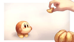Rule 34 | absurdres, blush stickers, border, creature, disembodied limb, food, fruit, highres, holding, holding food, holding fruit, kirby (series), nintendo, outside border, shiburingaru, solid oval eyes, waddle dee, white border