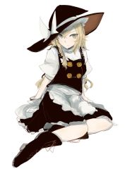 Rule 34 | 1girl, ankle boots, apron, arm support, black footwear, black hat, black vest, blonde hair, boots, bow, braid, buttons, closed mouth, cross-laced footwear, double-breasted, full body, green eyes, hair bow, hat, hat bow, kirisame marisa, long hair, looking at viewer, necro (nekurodayo), shirt, side braid, simple background, sitting, solo, touhou, vest, waist apron, white apron, white background, white bow, white shirt, witch hat, yokozuwari