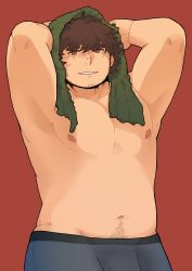 Rule 34 | 1boy, armpits, arms up, bara, beard stubble, belly, blue male underwear, boxers, brown hair, bulge, facial hair, fat, fat man, haishiba ame, highres, looking at viewer, male focus, male underwear, muscular, muscular male, navel, navel hair, nipples, original, pectorals, short hair, smile, solo, stubble, underwear, underwear only