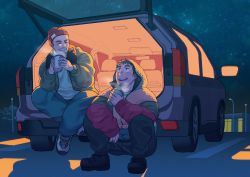 Rule 34 | 2boys, absurdres, baggy clothes, baggy pants, beanie, blush, coffee, coffee cup, cold, commentary, copyright request, cup, disposable cup, dn dn, hat, highres, hood, hoodie, lamppost, looking up, male focus, motor vehicle, multiple boys, night, night sky, open mouth, pants, sky, smile, squatting, star (sky), stargazing, starry sky, steam, van