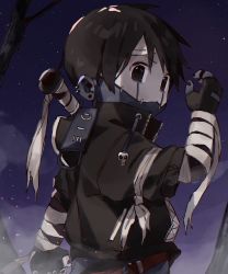 Rule 34 | black eyes, black hair, child, commentary, costume, english commentary, gloves, highres, looking at viewer, looking to the side, male focus, mask, nemui (nemuriyagi), night, night sky, original, outdoors, pale skin, sky, solo, solo focus